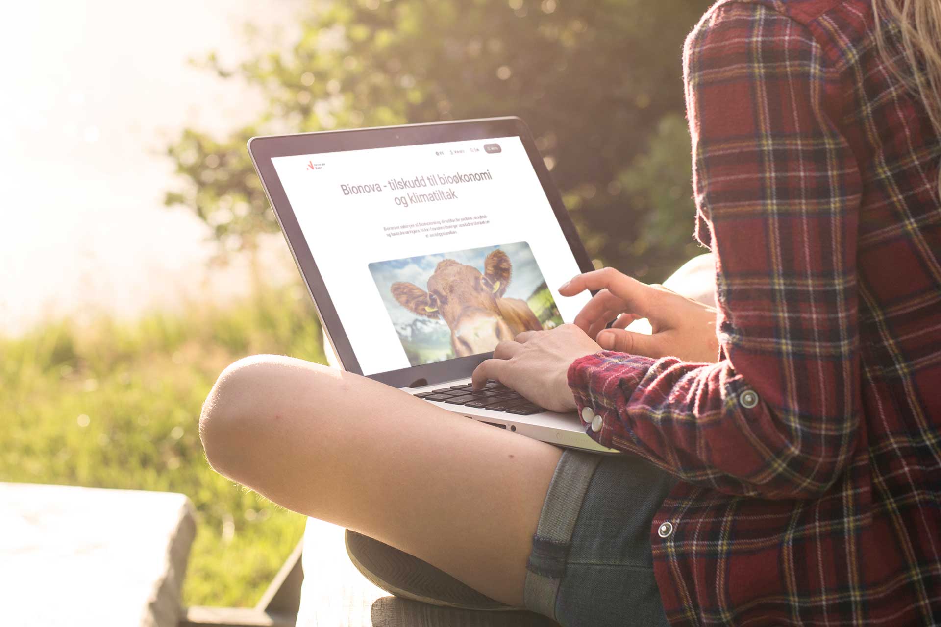 Dame som sitter med laptop på fanget med nettsiden til Innovasjon Norge/Bionova oppe for å se på tilskuddsordninger til landbruket